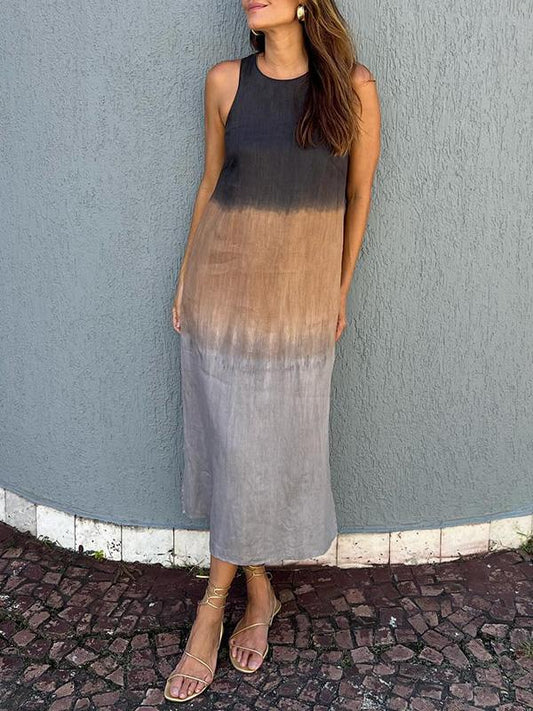 WW | Lange, Ärmellose, Lockere Kleid Aus Baumwolle Und Leinen Mit Gedämpftem Tie Dye Schlitz Für Frauen