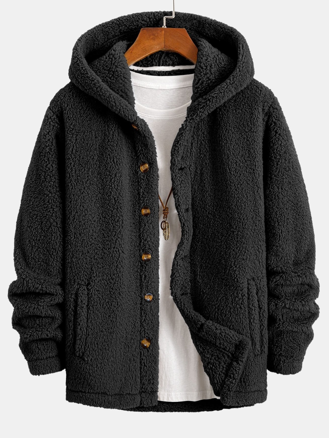 WW | Plush coat with hood and button closure.