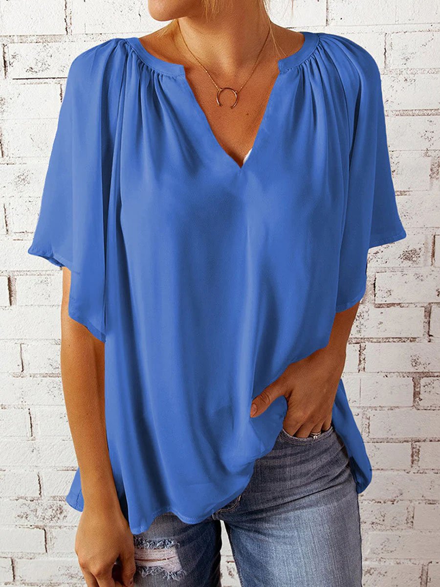 WW | Casual V Neck Loose Chiffon Tunic Blouse with Pleats