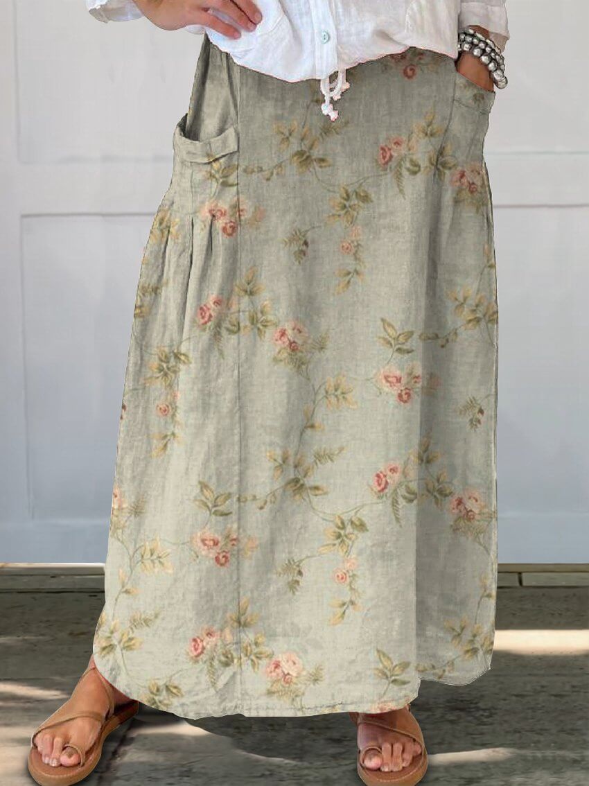 WW | Grüner Blumenmuster Damen Leinen Elastischer Bund Taschenrock