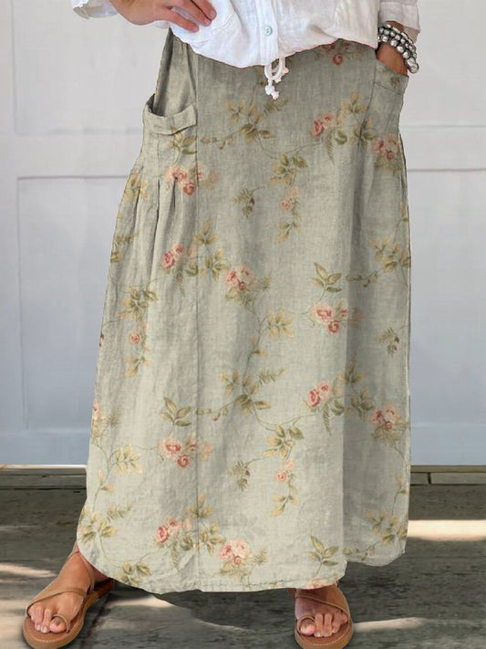 WW | Grüner Blumenmuster Damen Leinen Elastischer Bund Taschenrock