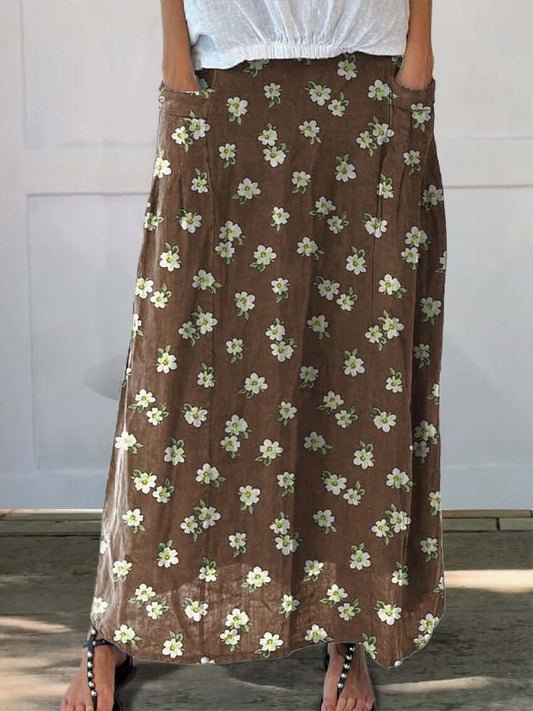 WW | Plumeria Floral Design Printed Women's Linen Skirt with Pockets