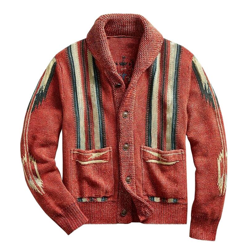 WW | Strickjacke im Vintage Western Stil - Cardigan mit Schalkragen & Aztekenmuster, Knopfleiste & Taschen