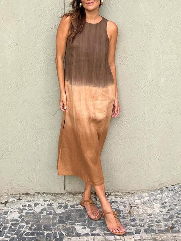WW | Lange, Ärmellose, Lockere Kleid Aus Baumwolle Und Leinen Mit Gedämpftem Tie Dye Schlitz Für Frauen