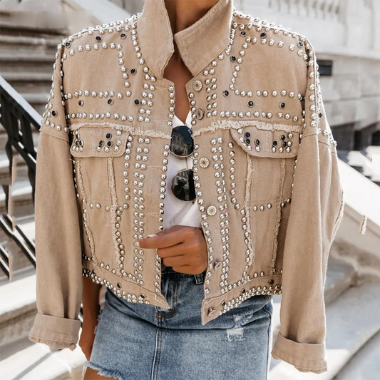 WW | Elegante Retro-Lederjacke mit Perlen für Frauen - Perfekt für den Alltag