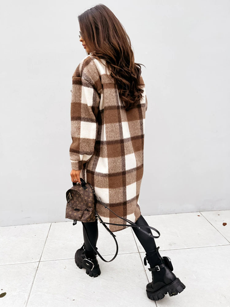 WW | Damen Karierter Hemd Mantel - Lang