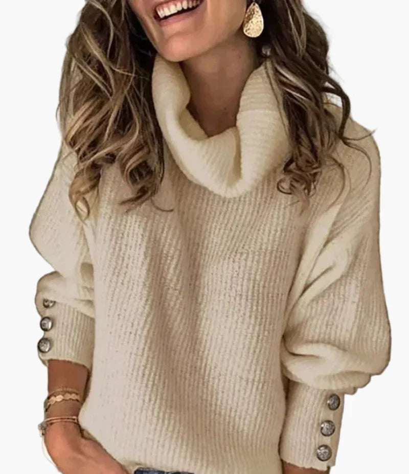 WW | Turtleneck Sweater with Button Details - Fashionable Casual Knit Sweater