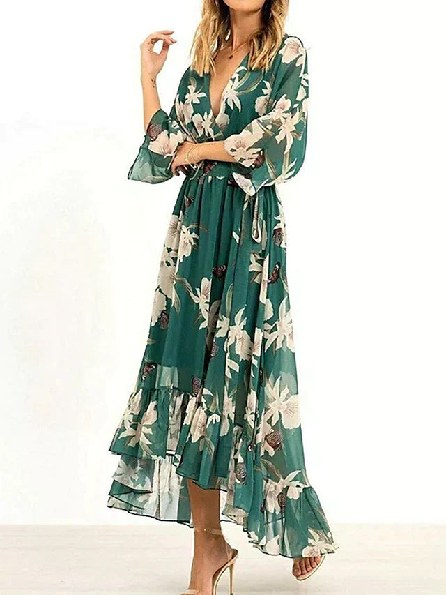 Marta - Green dress with 3/4-sleeves and patterned V-neck