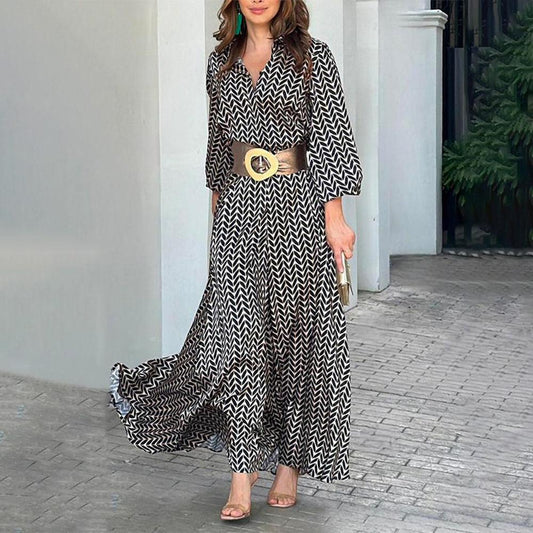 WW Maxi Dress | Elegant Modern Women's A-Line Dress with Long Sleeves and Belt