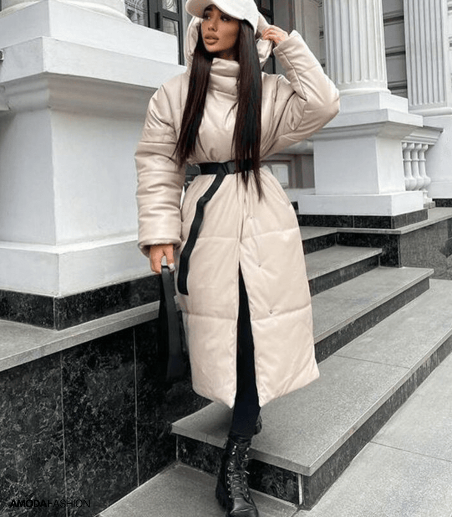 WW | Leder-Pufferjacke mit Gürtel