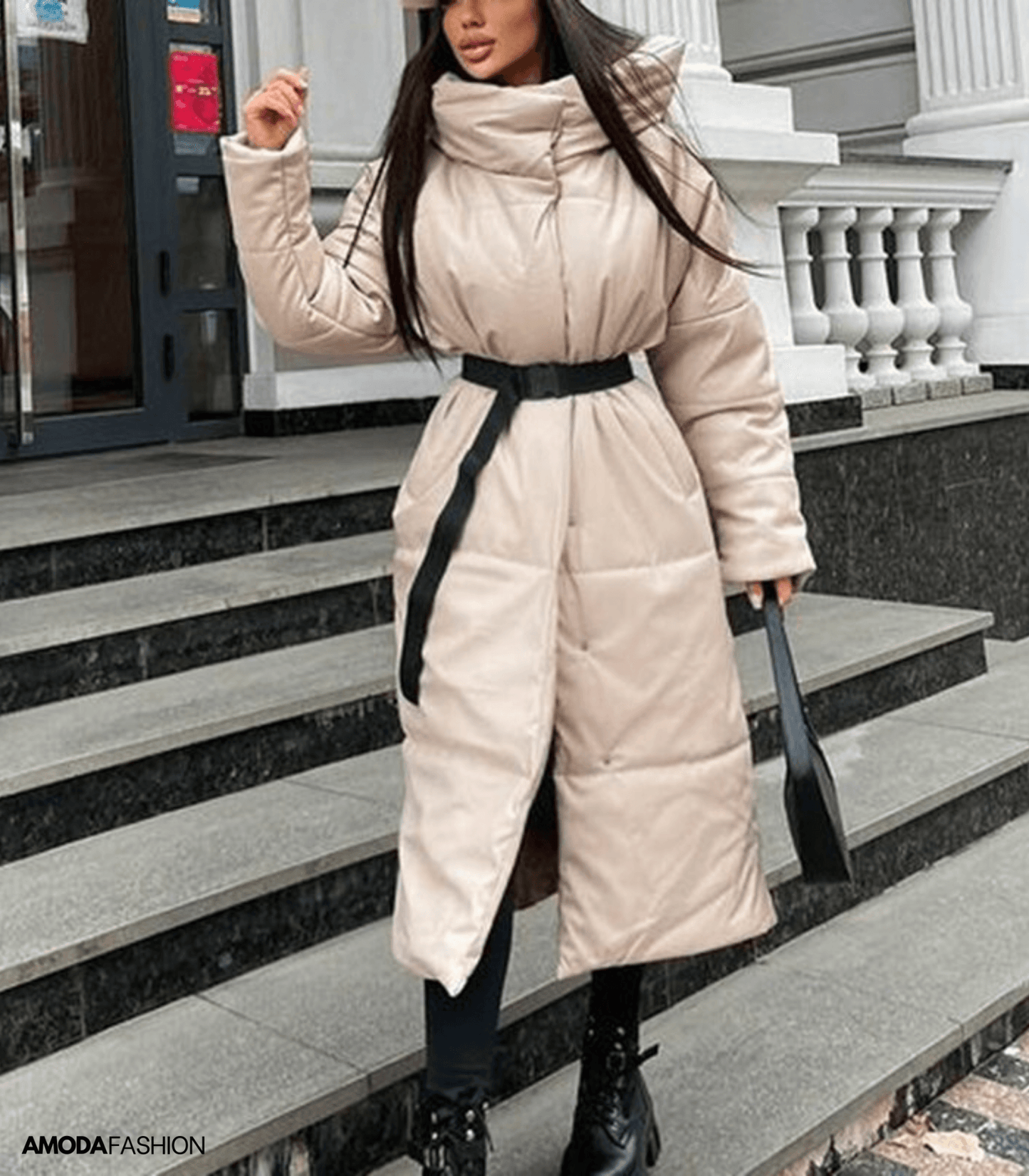 WW | Leder-Pufferjacke mit Gürtel