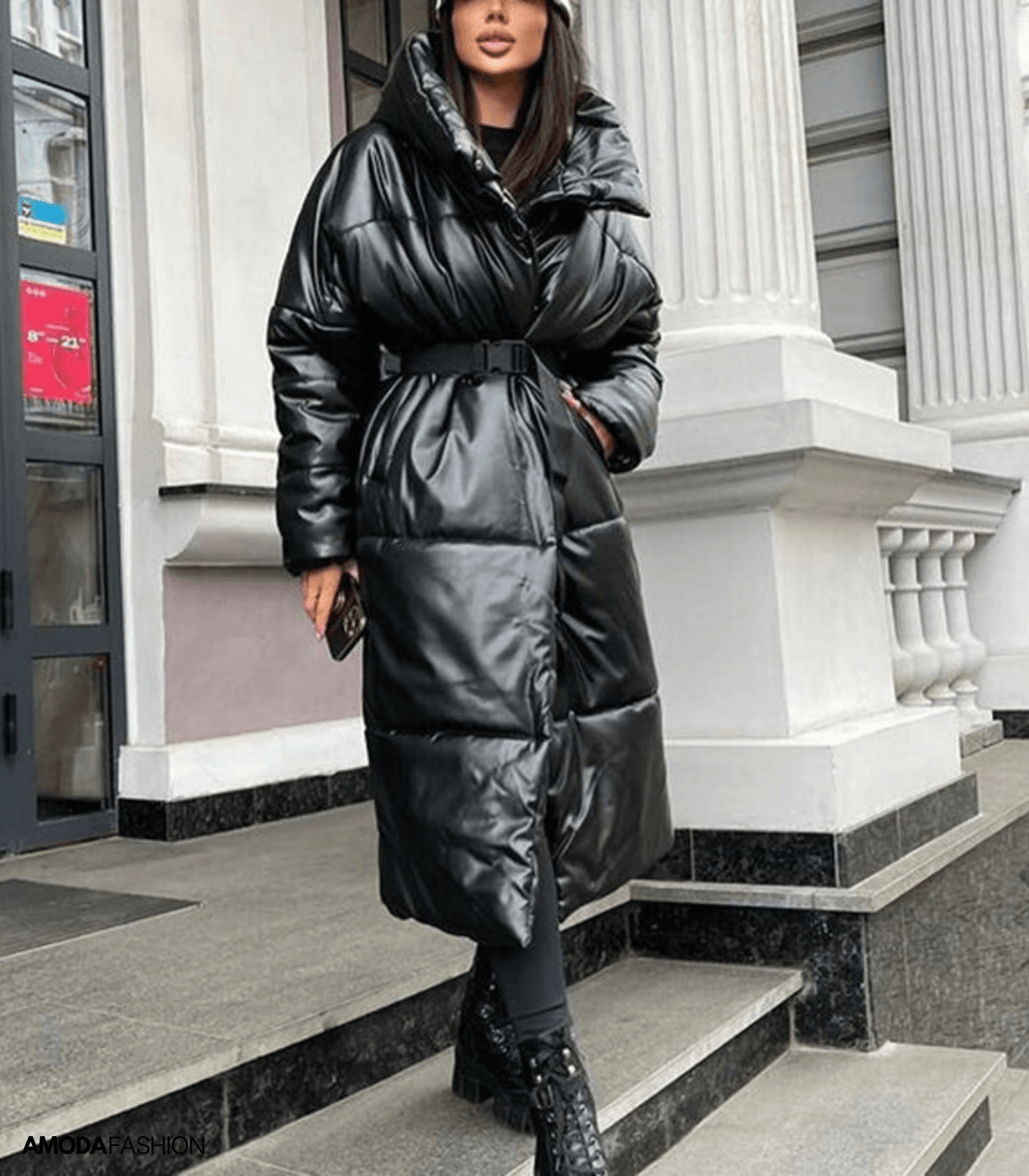 WW | Leder-Pufferjacke mit Gürtel
