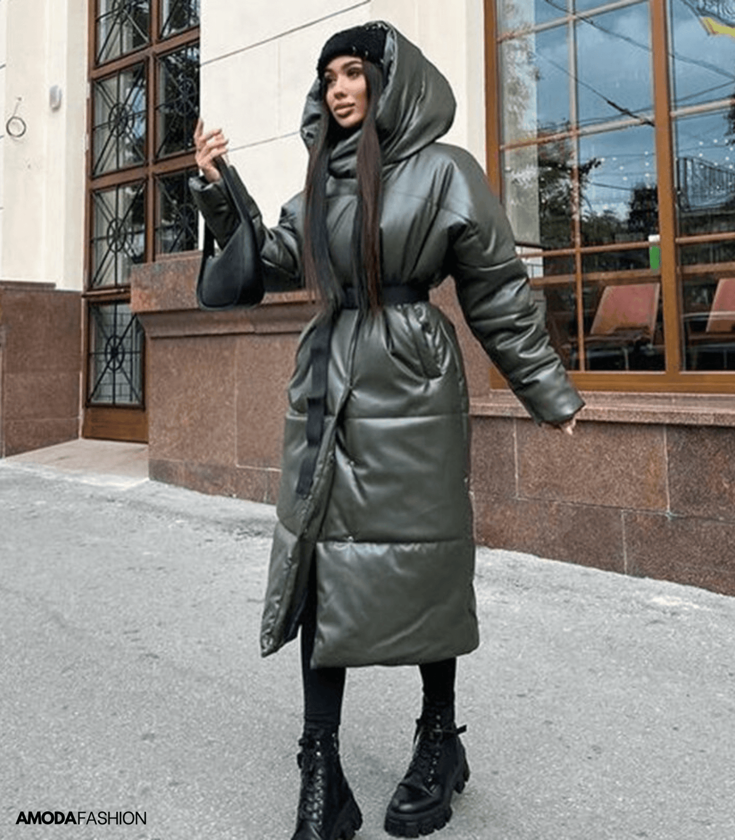 WW | Leder-Pufferjacke mit Gürtel
