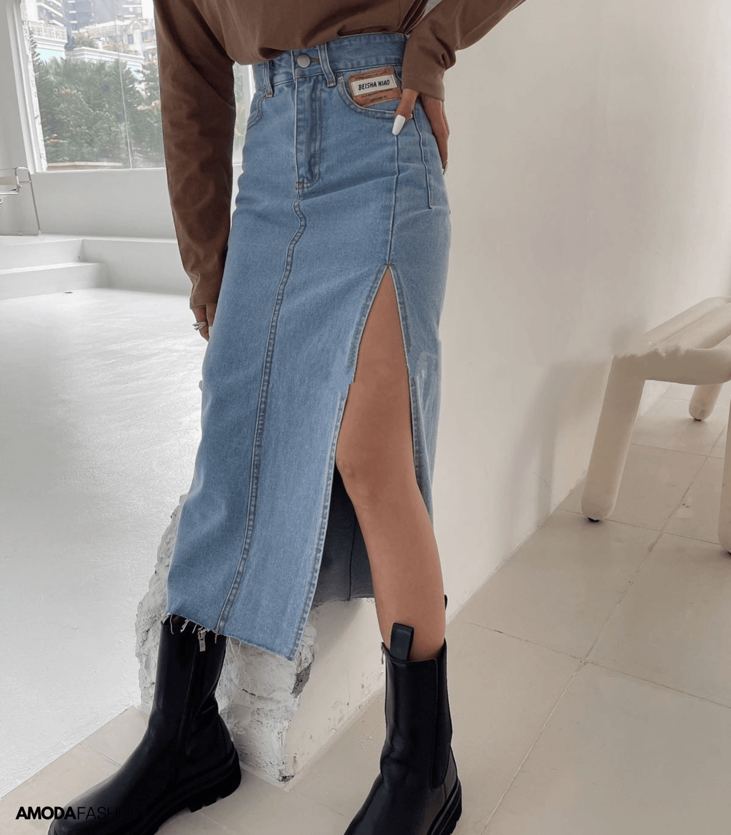 WW | Langer Bleistift-Denimrock mit Seitenschlitz
