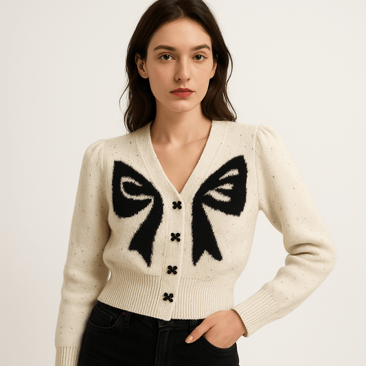 WW | Cardigan Knot Contrast White & Black Feminine and Creative Style