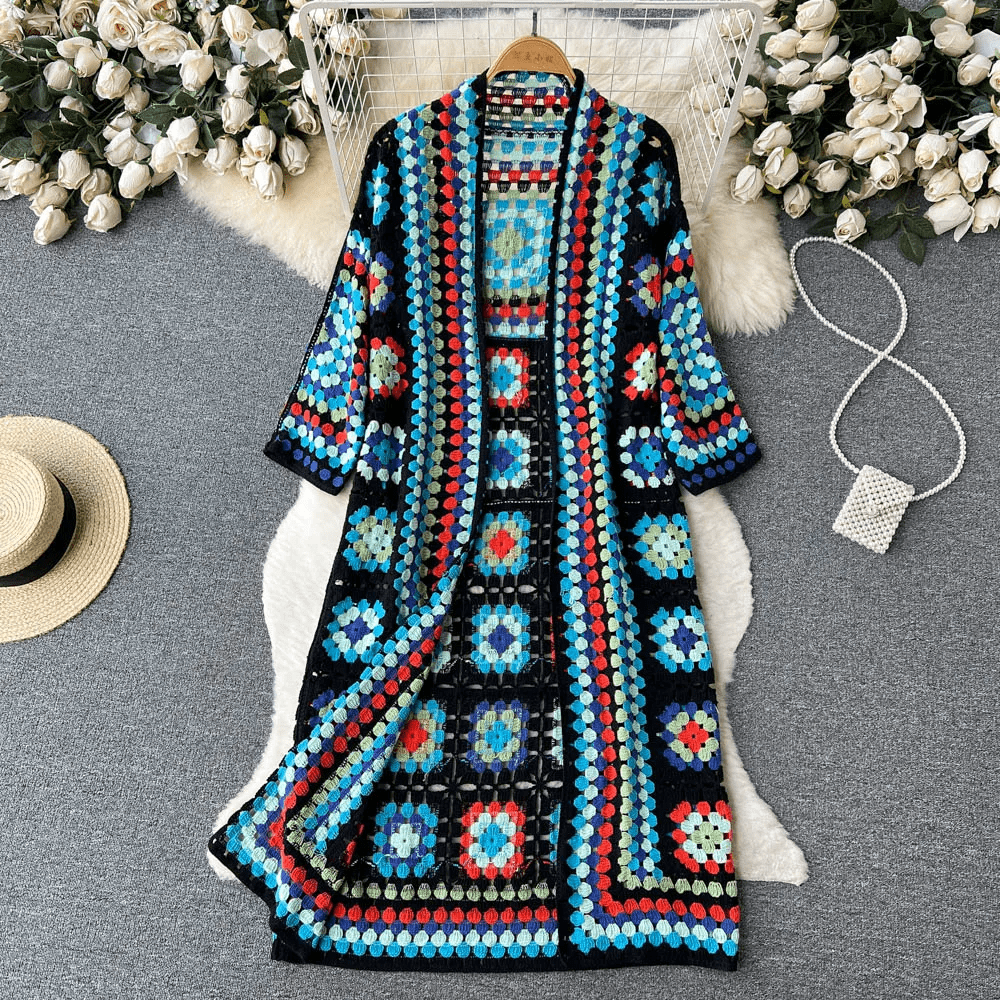 WW | Long cardigan in multicolored, bohemian and authentic crochet style