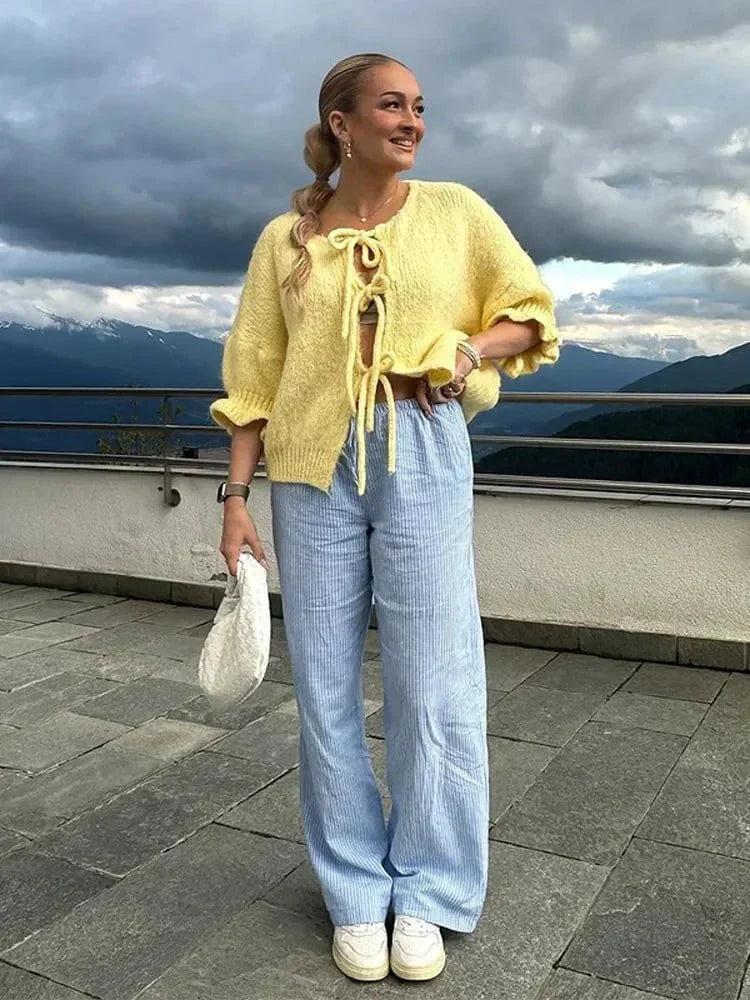 WW | Pastel Yellow Cardigan with Knots, Ruffle Sleeves, Soft & Original