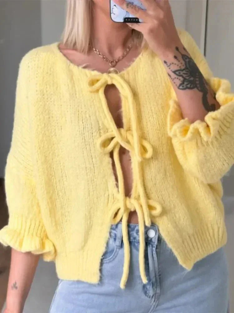 WW | Pastel Yellow Cardigan with Knots, Ruffle Sleeves, Soft & Original