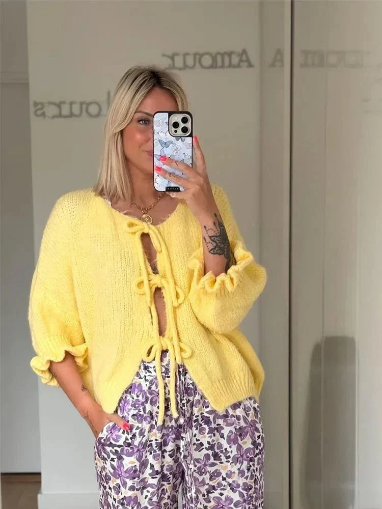 WW | Pastel Yellow Cardigan with Knots, Ruffle Sleeves, Soft & Original