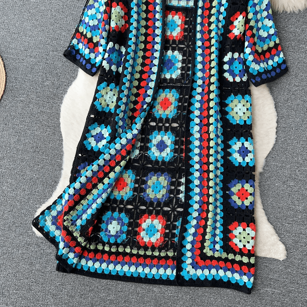 WW | Long cardigan in multicolored, bohemian and authentic crochet style