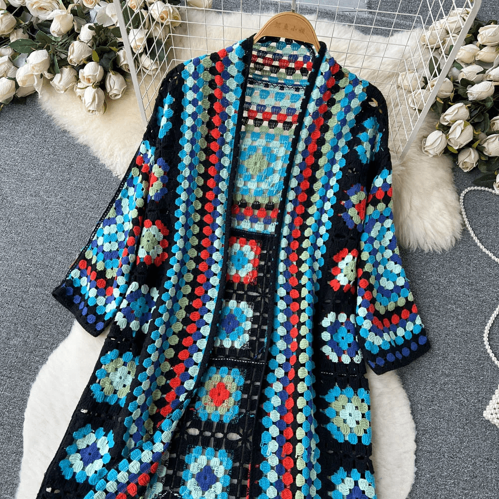 WW | Lang cardigan aus mehrfarbigem, bohemian und authentischem Häkelstil