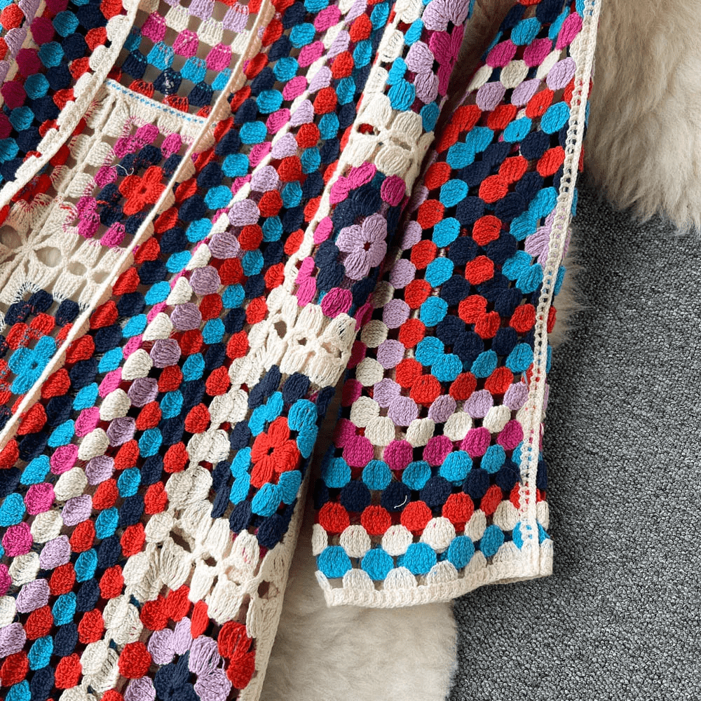 WW | Lang cardigan aus mehrfarbigem, bohemian und authentischem Häkelstil