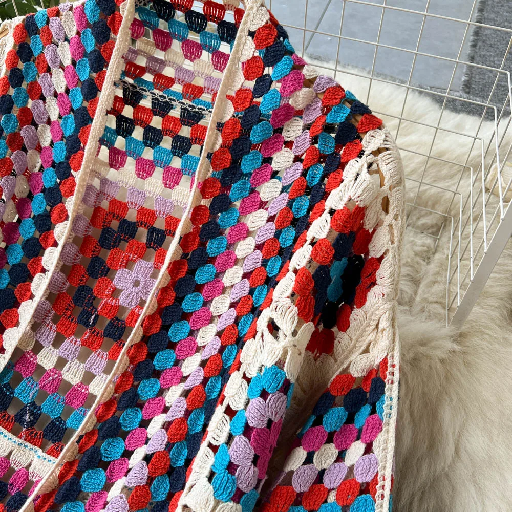 WW | Long cardigan in multicolored, bohemian and authentic crochet style