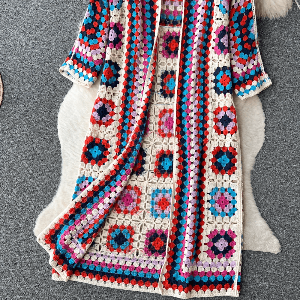 WW | Long cardigan in multicolored, bohemian and authentic crochet style