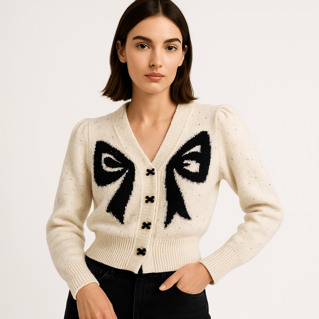WW | Cardigan Knot Contrast White & Black Feminine and Creative Style