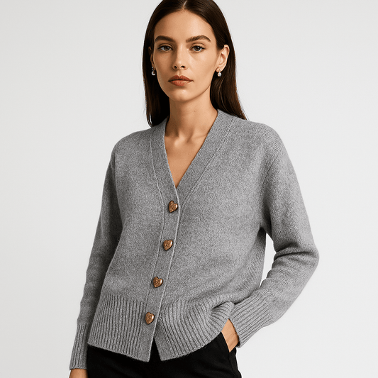 WW | Cardigan Grey V-Neck & Buttons Shell-Effect Soft and Elegant Knitwear