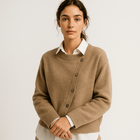 WW | Camel Asymmetrical Buttoned Cardigan Original Soft & Modern Knit