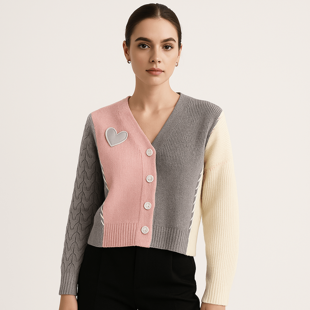 WW | Cardigan Patchwork Heart Textured Knit Creative, Soft & Trendy