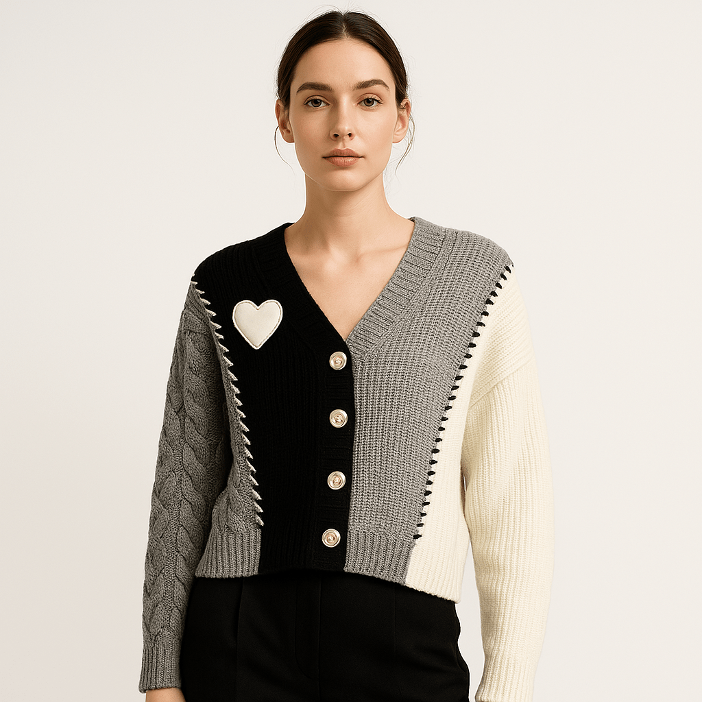 WW | Cardigan Patchwork Heart Textured Knit Creative, Soft & Trendy