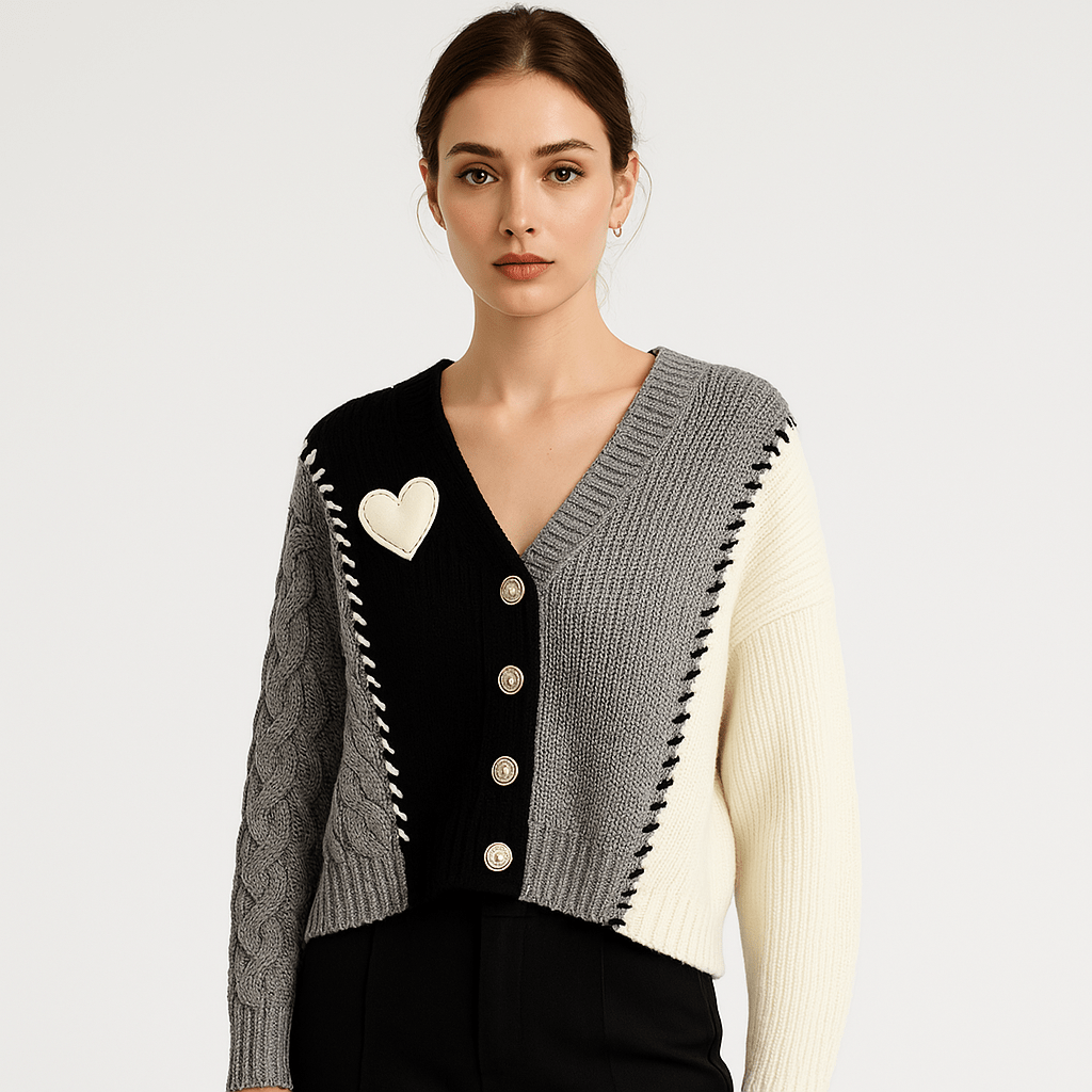 WW | Cardigan Patchwork Heart Textured Knit Creative, Soft & Trendy