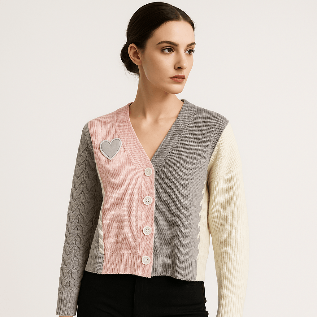 WW | Cardigan Patchwork Heart Textured Knit Creative, Soft & Trendy