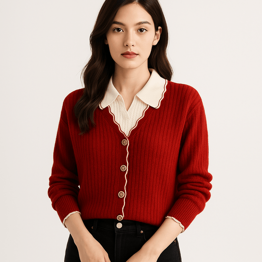 WW | Cardigan Rot Wellenbordüren Eleganz Kontraststil Preppy und Feminin