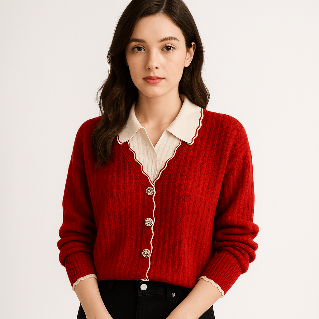 WW | Cardigan Red Wavy Edges Elegance Contrast Style Preppy and Feminine
