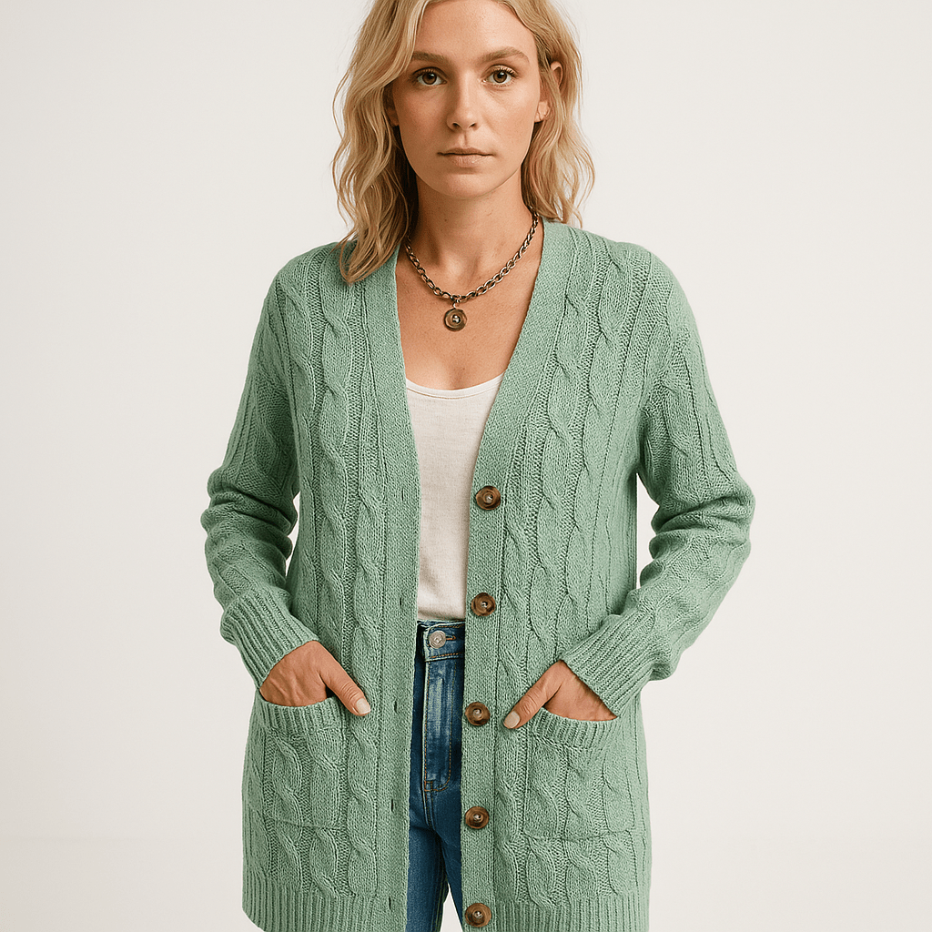 WW | Beige, longer and comfortable cable-knit cardigan in a timeless style