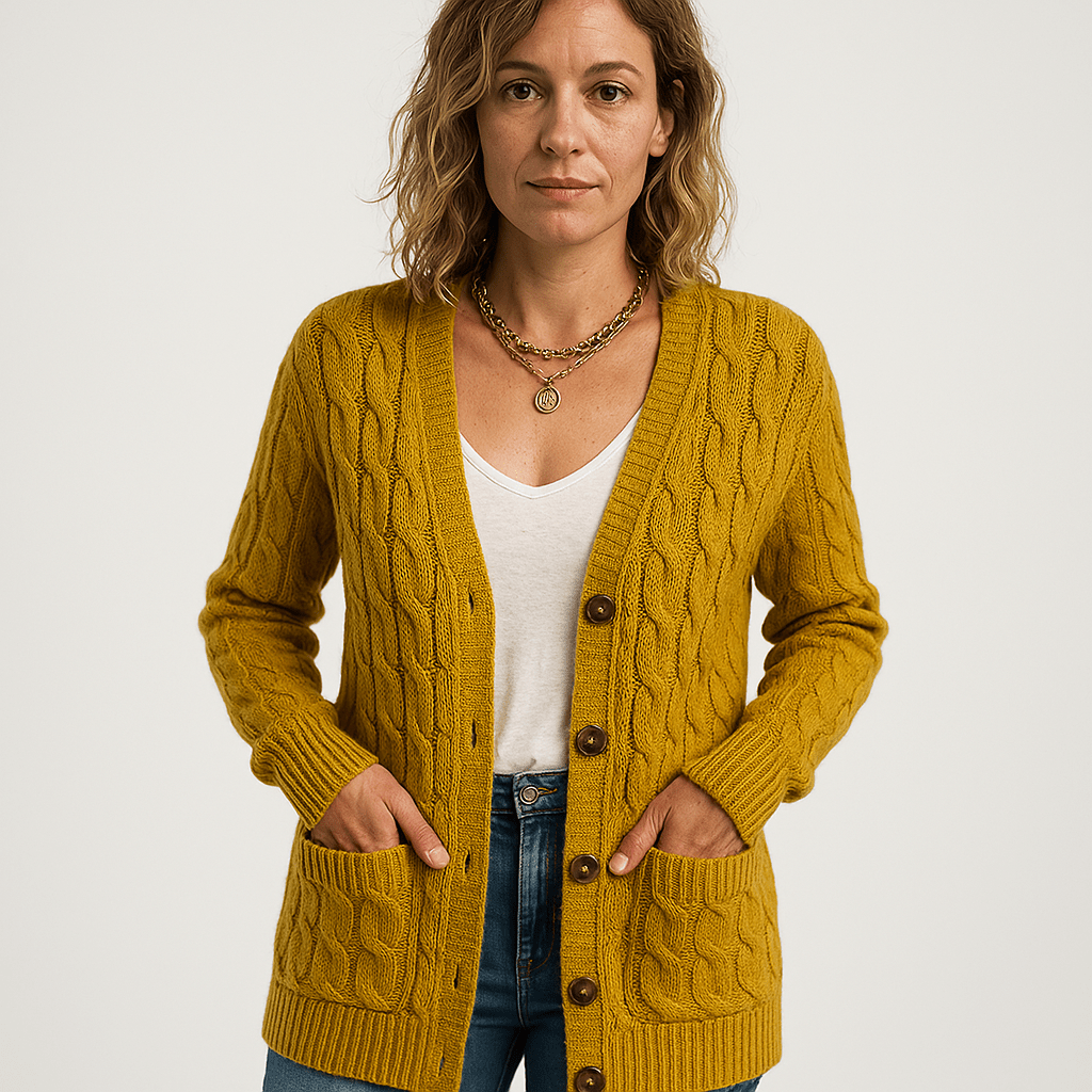 WW | Beige, longer and comfortable cable-knit cardigan in a timeless style