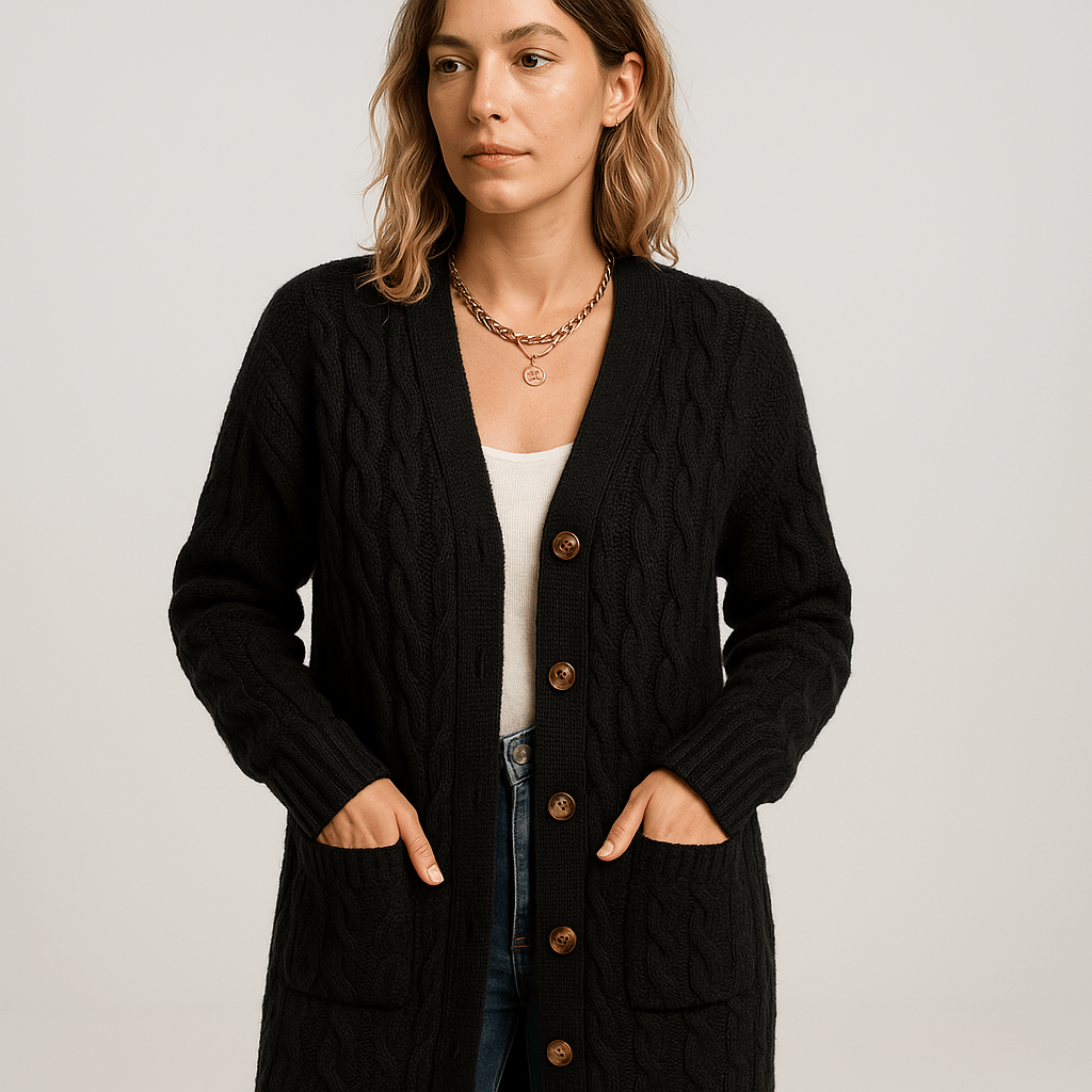 WW | Beige, longer and comfortable cable-knit cardigan in a timeless style
