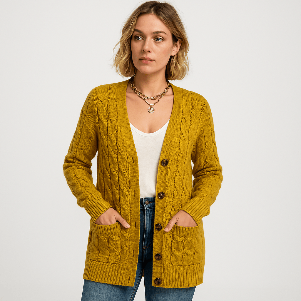 WW | Beige, longer and comfortable cable-knit cardigan in a timeless style