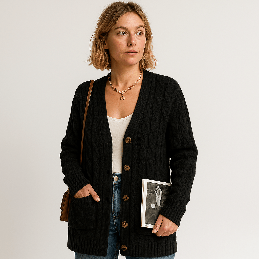 WW | Beige, longer and comfortable cable-knit cardigan in a timeless style