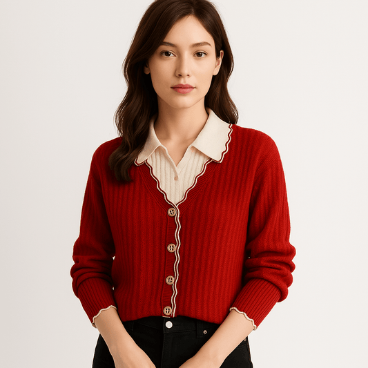 WW | Cardigan Red Wavy Edges Elegance Contrast Style Preppy and Feminine