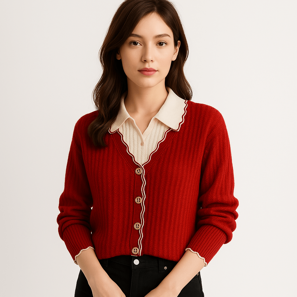 WW | Cardigan Red Wavy Edges Elegance Contrast Style Preppy and Feminine