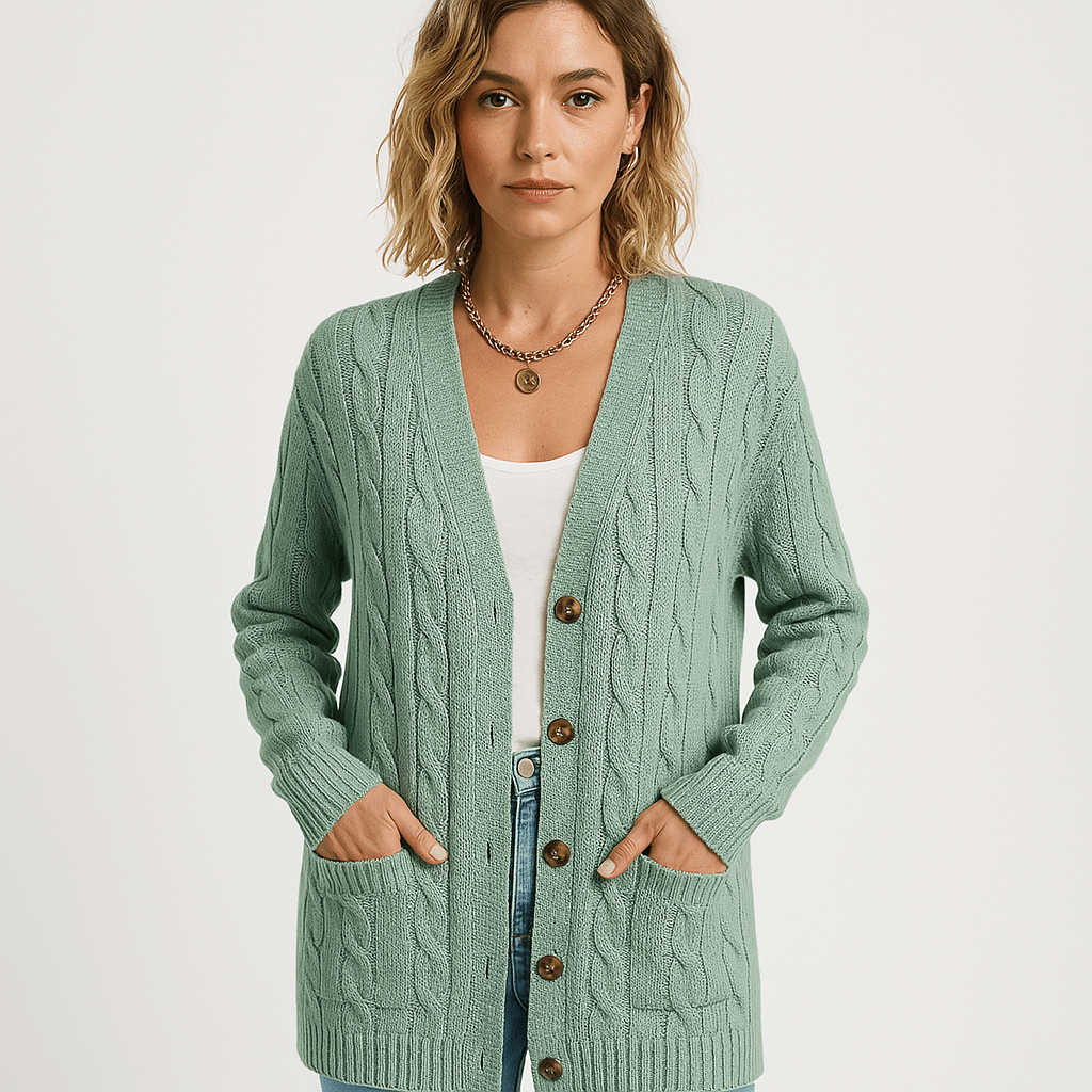 WW | Beige, longer and comfortable cable-knit cardigan in a timeless style