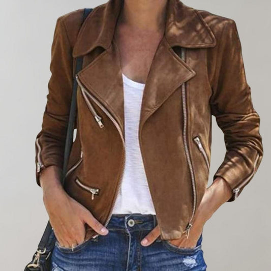 WW | Caramel-brown suede biker jacket, trendy and structured
