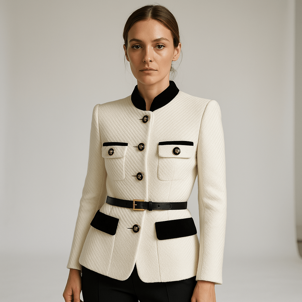 WW | Strukturierte Weiße Jacke mit Schwarzen Details & Goldenen Knöpfen Paris Chic