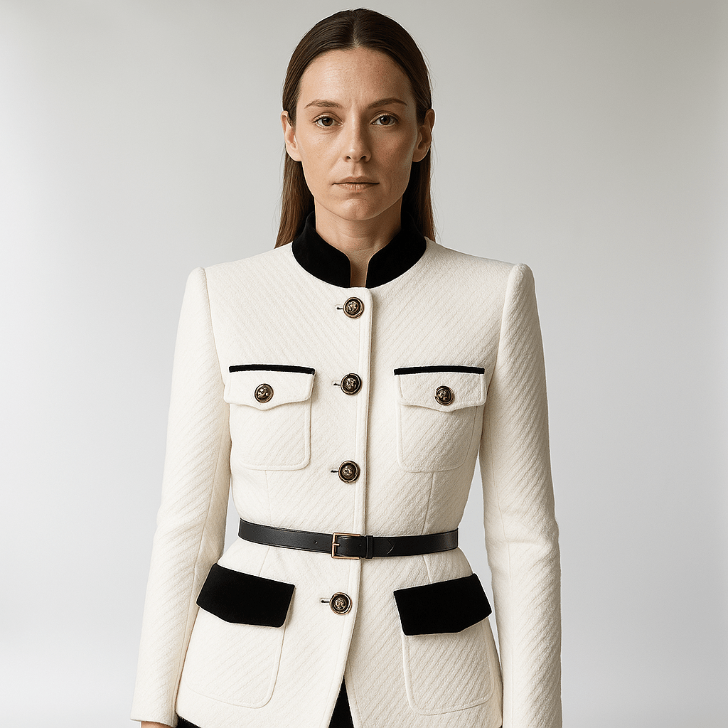 WW | Strukturierte Weiße Jacke mit Schwarzen Details & Goldenen Knöpfen Paris Chic
