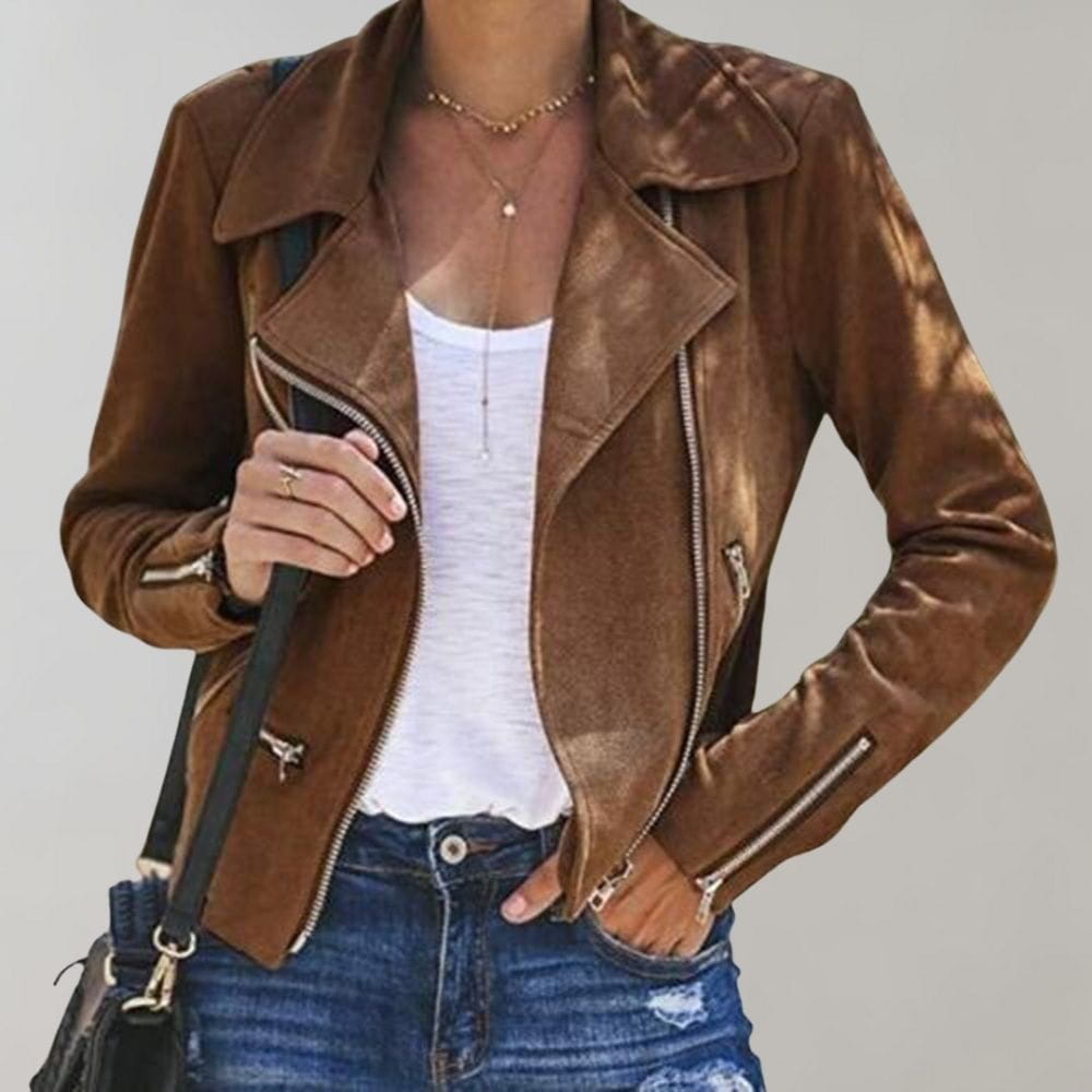 WW | Bikerjacke aus karamellbraunem Wildleder, trendig und strukturiert