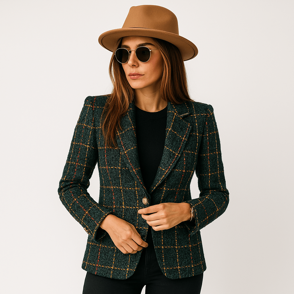 WW | Blazer in Karomuster Camel & Schwarz Mit Goldenen Knöpfen Strukturierte Eleganz